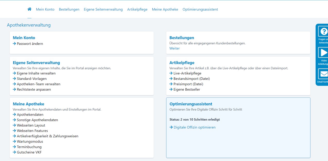 Übersicht Backend-Rubriken